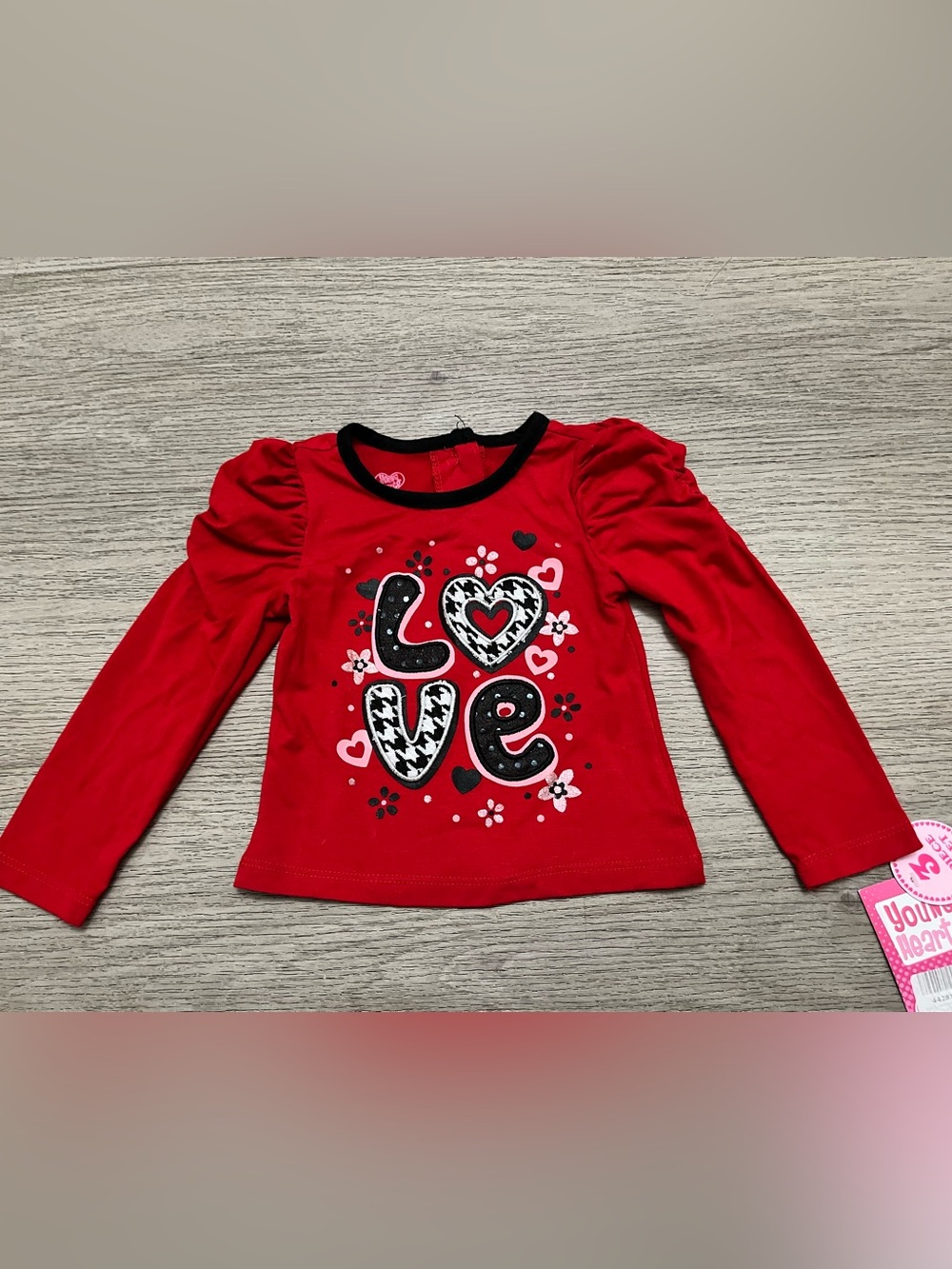 Young Hearts Girls' Red 'Love' Graphic Long-Sleeve Top Puff Shoulders 18 Months